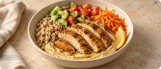 Bowl de pollo con hummus, quinua y verduras